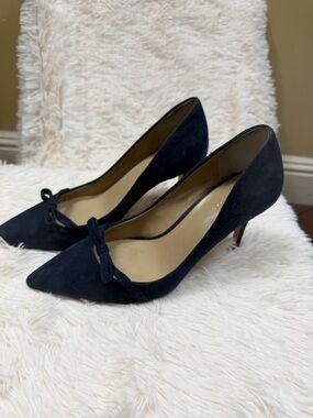 Ann Taylor Navy Suede Pointed-Toe Bow Pumps